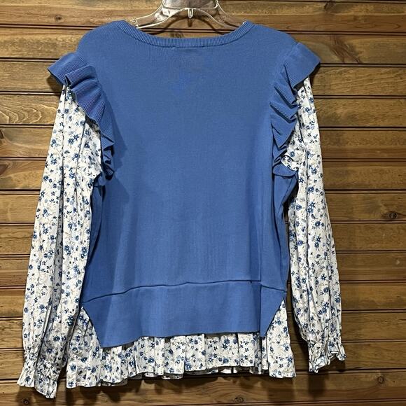 By Anthropologie Flutter Sleeve Layered Sweater Blue Floral Women’s Size 1X Boho - Picture 6 of 14